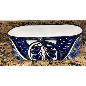 Talavera Oval Planter Pottery Blue White Hand Painted Hecho En Mexico Floral